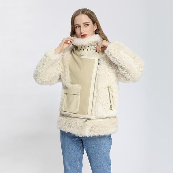 Pelliccia da donna Faux Winter Women Short Fashion Steetwear Giacca in shearling di pecora genuino double face antivento MJF-SJ-01