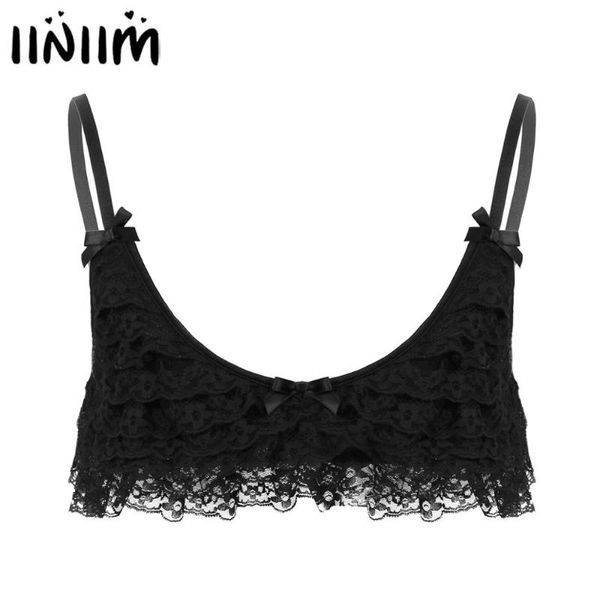 

bras sets mens gay lingerie exotic tanks vest for weeding night frilly ruffled layered lace sissy camisole clubwear male bra top, Red;black