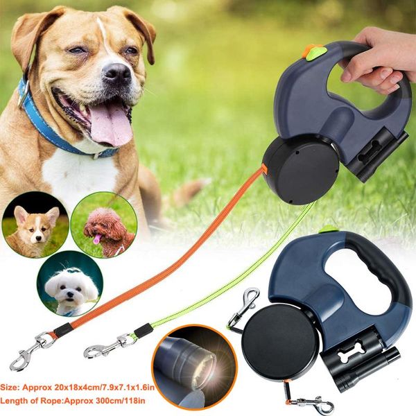 

pet double-headed leash automatic extendable flexible dog cat traction rope dual headed hand holding with led light collars & leashes