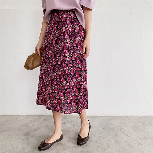 

a-line all match chiffon printed florals skirt summer high waist chic sweet streetwear vintage skirts 210421, Black
