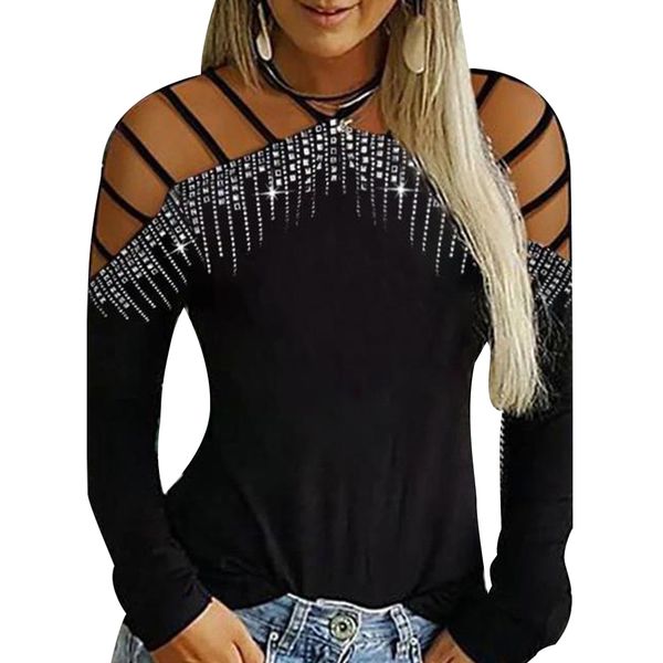 

bling bling diamonds t-shirts for women streetwear hollow out tee shirts women autumn winter v-neck slim tee shirt d30, White