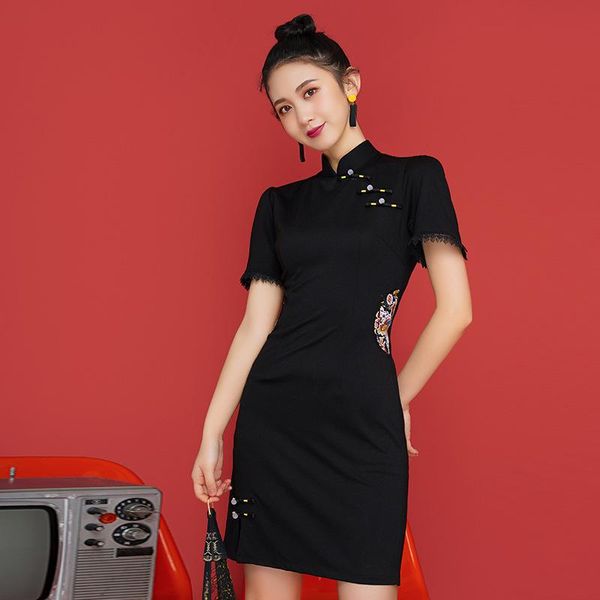 

guochao girl cheongsam skirt summer young fashion chinese style improved short dress ethnic clothing, Red