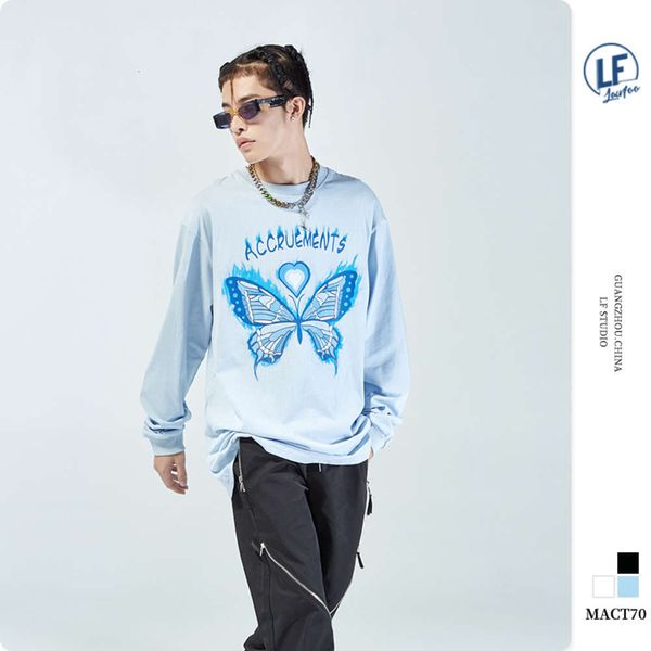 

lawfoo autumn guochao men's blue butterfly print loose long sleeve t-shirt, White