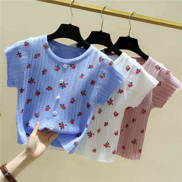 

women's t-shirt short female t-shirt with buttons, floral mesh shirt, korean fashion summer women's clothes, gd0j, White