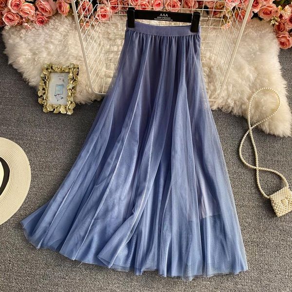 

skirts elastic waist gauze skirt women's high thin medium length over knee pompous fairy a-line, Black