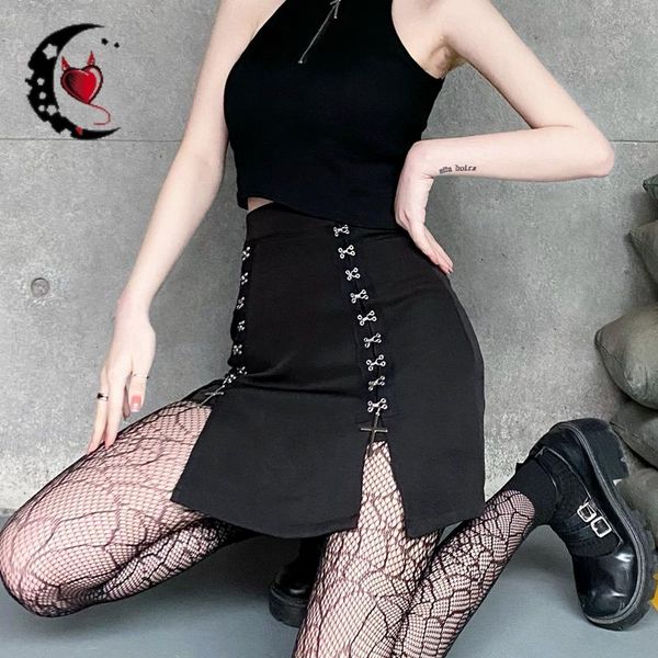 

skirts gothic black buckle cross a-line skirt split skinny punk women vintage high waist mini hip hop fashion streetwear