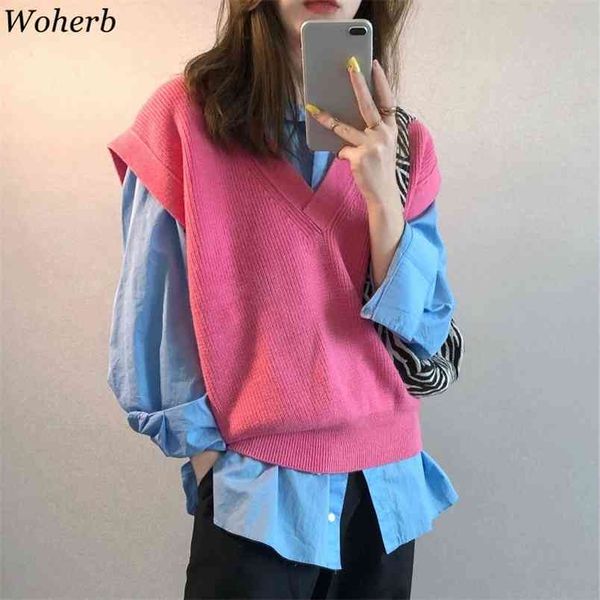 Zwei Stücke Set Frauen Koreanische Chic Outfits Rosa Pullover Weste + Blau Langarm Hemd Bluse Casual Anzug Femme 210519