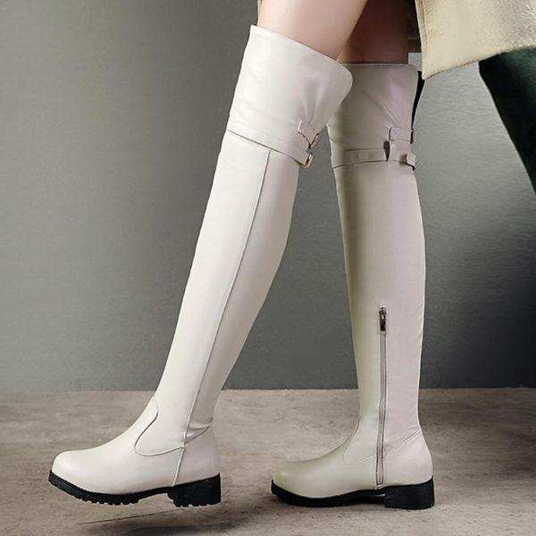 

boots fashion pure color long round toe buckle strap zipper square heels vintage 2021 leather solid women, Black