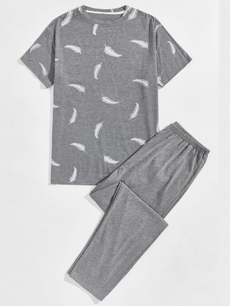 

men feather print pajama set k6dy#, Black;brown