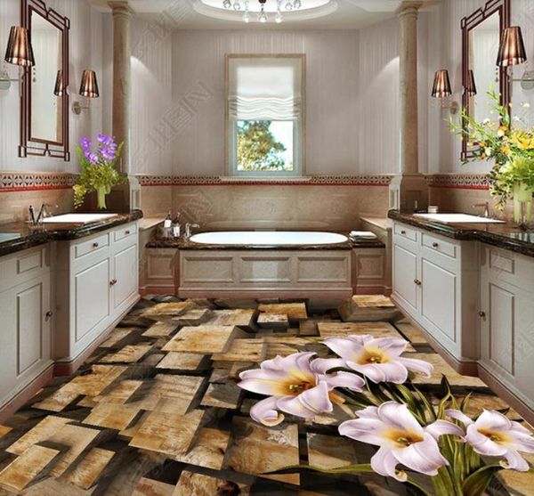 

wallpapers custom self-adhesive floor mural wallpaper 3d three-dimensional wooden pile flower bathroom wear non-slip waterproof