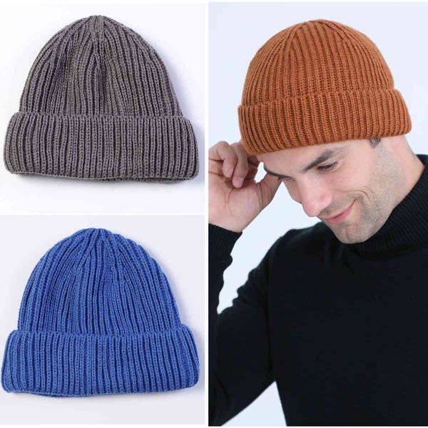 

discount fashion mode mannen beanie winter gebreide muts jongen skullcap sailor cap manchetten retro navy korte hoed effen kleur herfst warm, Blue;gray