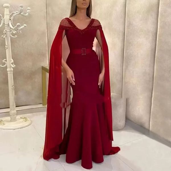 Sexy Burgundy Satin Mermaid вечерние платья V шеи крышки рукава кристалл из бисером выпускного вечера платье с накидной длиной пола черные девочки партийные платья