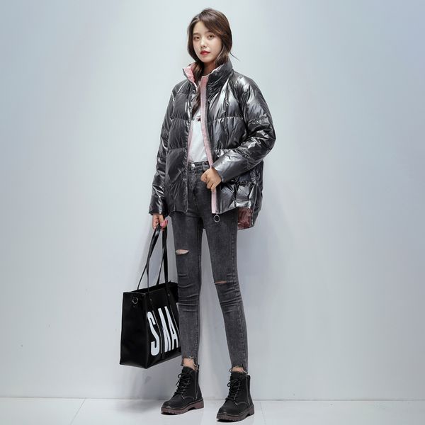

winter women 90% white duck down parkas coat stand collar bright color streetwear thick warm snow jacket 210423, Black