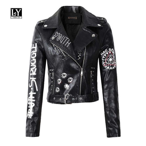 

ly varey lin autumn winter women faux leather jacket turn down collar letter print epaulet rivet zipper biker outerwear 210526, Black