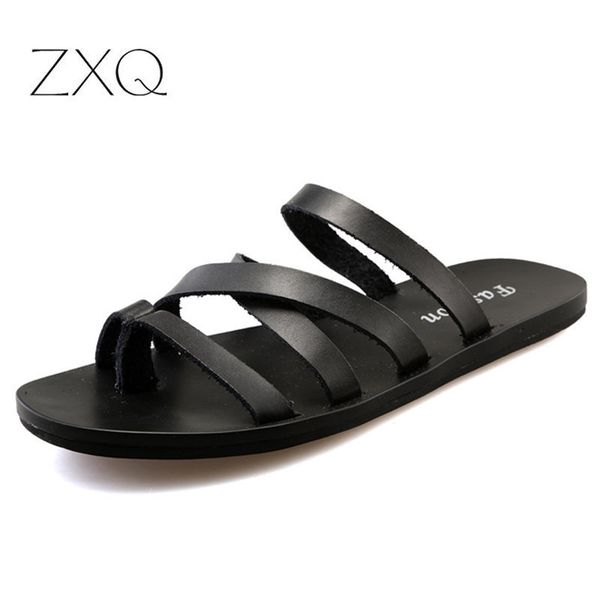 

flat with beach fashion outside men's slippers leisure concise genuine leather summer flip flops sewing solid men shoes y0427, Black