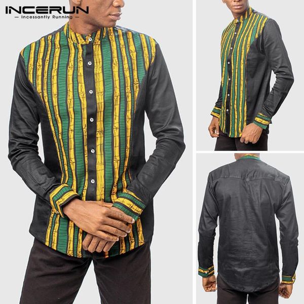

men's casual shirts incerun fashion men african clothing dashiki dress printed striped long sleeve shirt all match button collar mens b, White;black