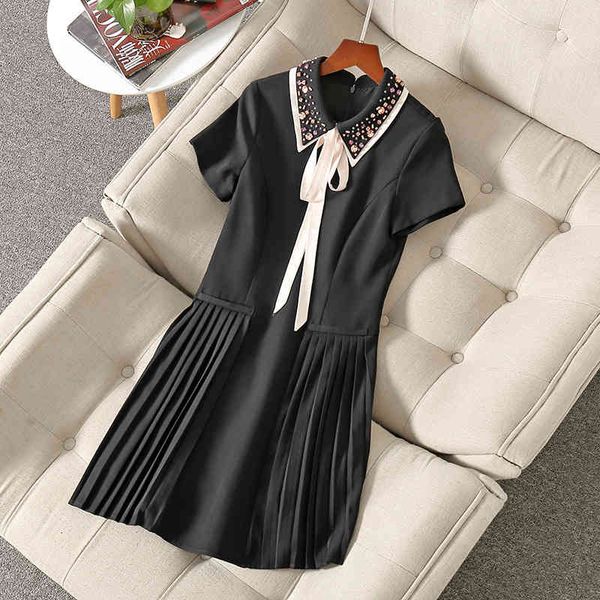 

casual dresses summer short sleeve lapel neck black / pink pure color ribbon tie bow beaded knee-length dress elegant nm1221031111 b8jw, Black;gray