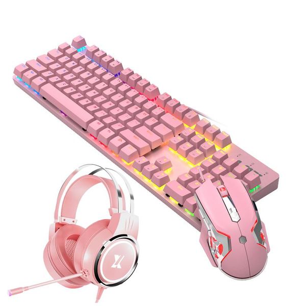 

keyboard mouse earphone combos pink mechanical gaimg red/green switch 3200dpi macro headset microphone