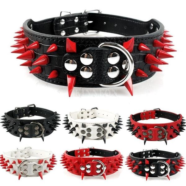 

dog collars & leashes 50pcs/lot sharp spiked studded collar punk leather pet 2 inch in width fit for medium large dogs