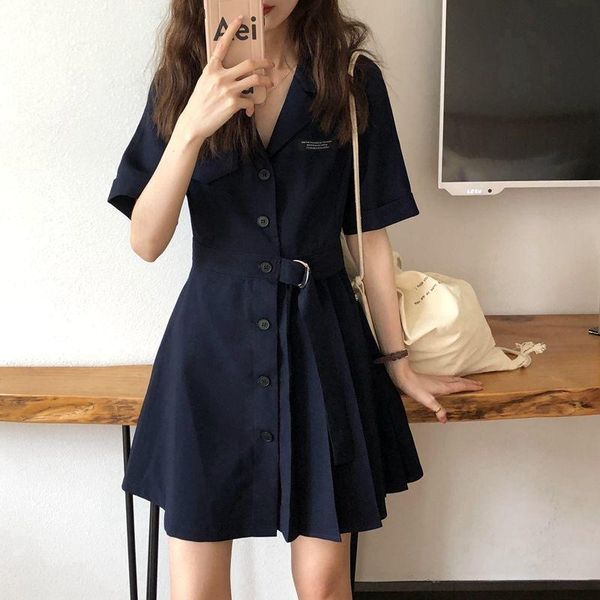 

fried a dark blue short-sleeved suit dress slim chiffon skirt female summer woman vestido de mujer femme robe casual dresses, Black;gray