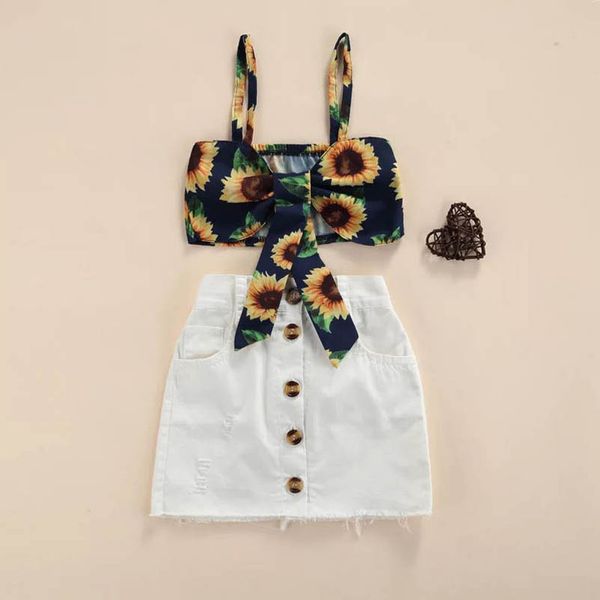 

kids clothing sets girls outfits baby clothes children wear summer suit flower vest tank hole skirts 2 pieces b7593, White