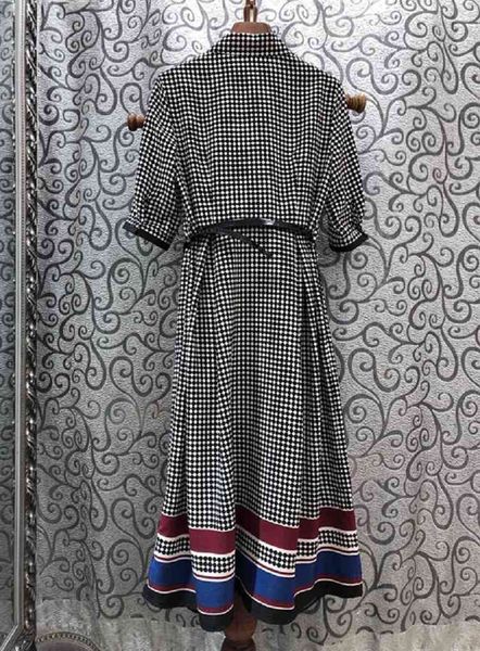 

dress est fashion spring style women turn-down collar polka dot print striped color block half sleeve mid-calf dress, Black;gray