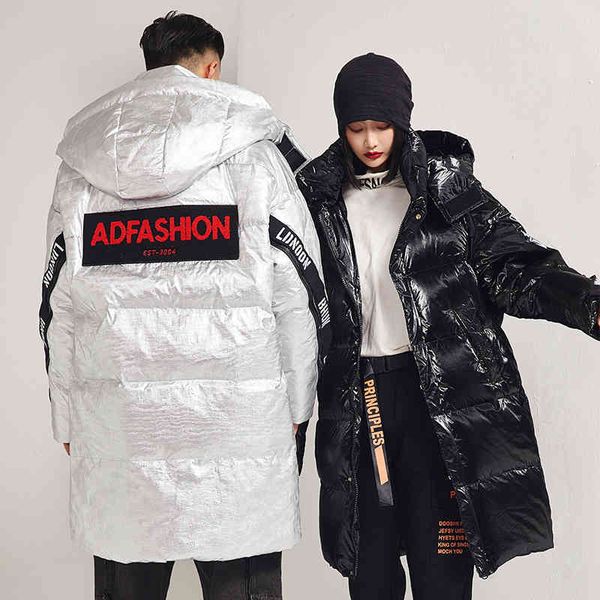 

2021 winter new arrival ets men fashion thicken 80% white duck down bright surface hooded warm coat, Black;white