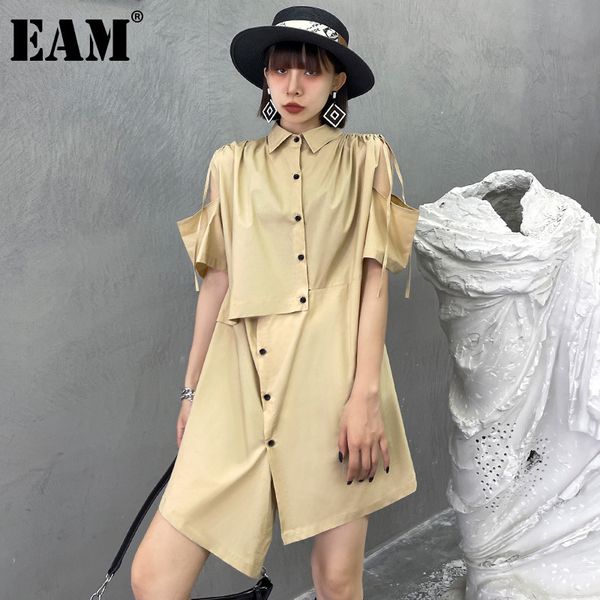 

[eam] women irregular off shoulder drawstring shirt dress lapel short sleeve loose fit fashion spring summer 1dd8578 21512, Black;gray