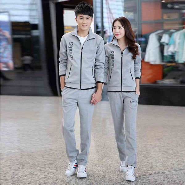 

casual couple sportwear suit 2021 spring autumn new men's and women's tracksuit sweatshirt jacket sportpant two-piece set, Gray