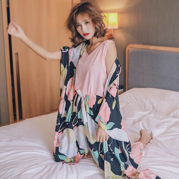 

women's sleepwear autumn new ladies pajamas set floral printed comfort 4pcs soft cotton satin women homewear casual wear os2u, Black;red