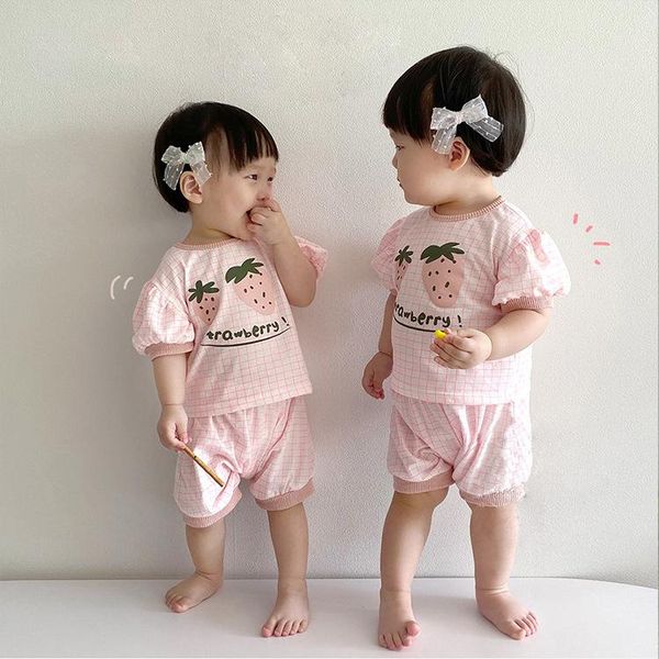 

clothing sets 2021 baby summer suit boys and girls round neck print plaid two-piece kids boutique wholesale, White