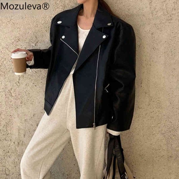 

bornsra women gothic jacket spring autumn vintage fashion oversized pu faux leather coat loose moto biker zipper outwear 210427, Black