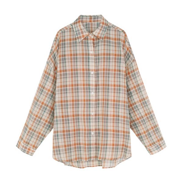 

women shirt turn down collar long sleeve blue yellow plaid thin b0480 210514, White