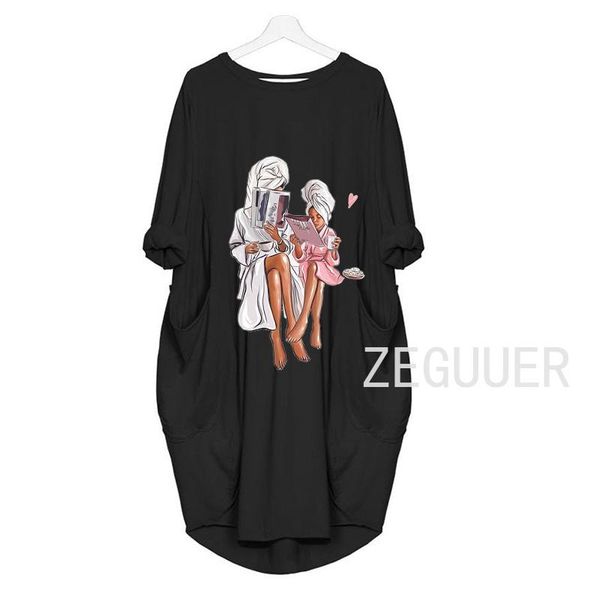 

casual dresses mom and daughter women loose pocket long sleeve dress vintage o-neck summer knee-lenght female korean, Black;gray