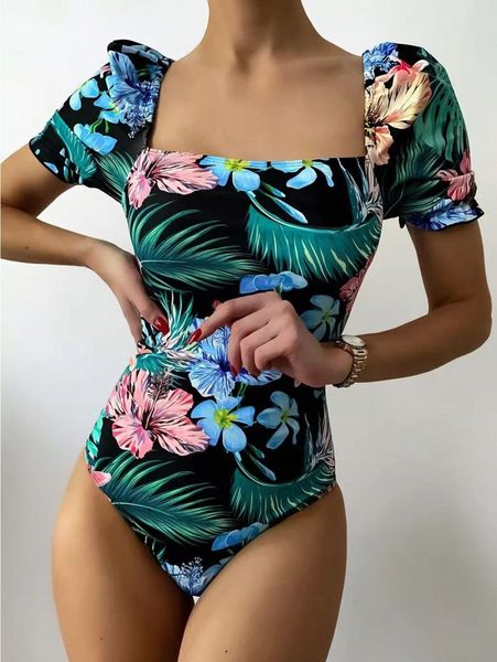 

floral & tropical one piece swimsuit k1nd#, White;black