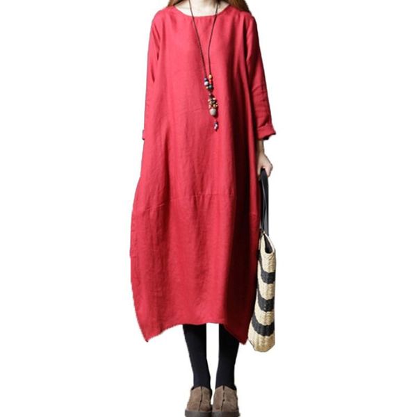 

casual dresses 2021 autumn cotton linen dress women loose plus size ladies o-neck long sleeve large sizes a-line, Black;gray