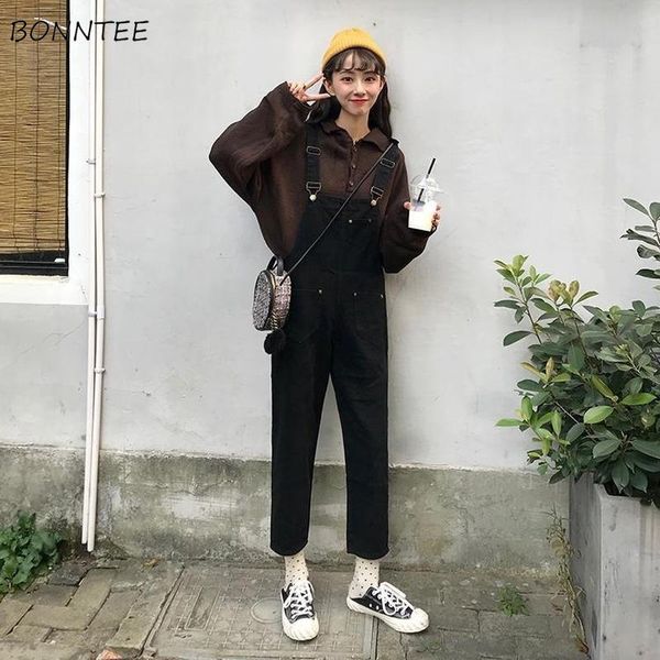 

women's jumpsuits & rompers women spring autumn denim solid black clothes korean style harajuku womens loose streetwear ankle-length pa, Black;white