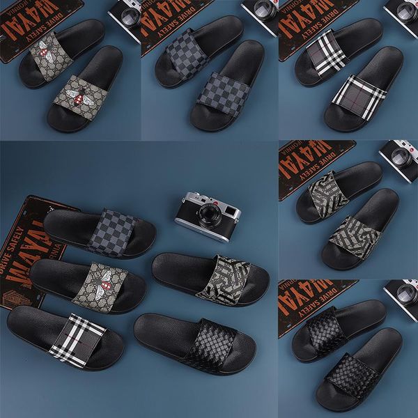 

brand design grid pattern slippers designer mens non-slip and comfortable rubber slides sandals outdoor beach casual flip flops flats slippe, Black