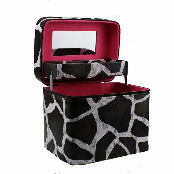 

double layer women fashion black zebra print make up bag lady's large capacity leopard cosmetic bags & cases