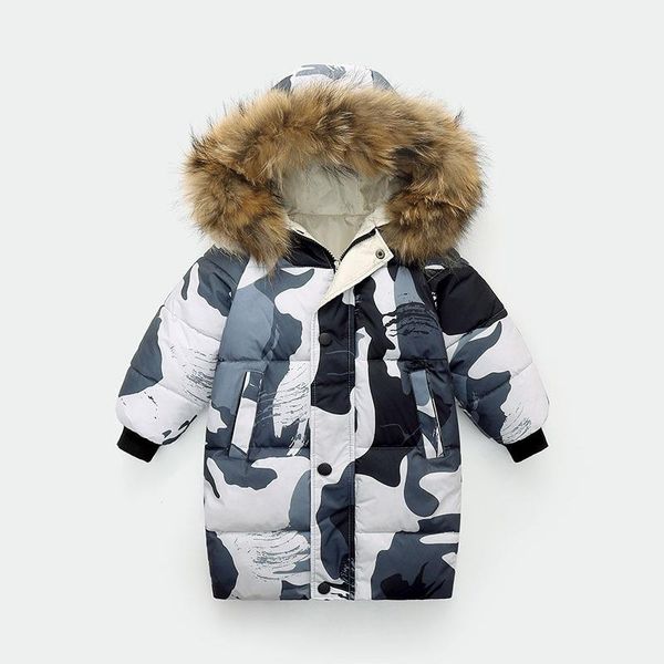 

down coat fashion childrens boys cotton fur collar outerwear winter hooded thickened long to keep warm big girls padded jacket, Blue;gray
