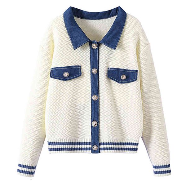 

women's sweaters shengpalae chic denim peter pan mesh collar female cardigan fall single breasted sleeve long sweater mcal, White;black