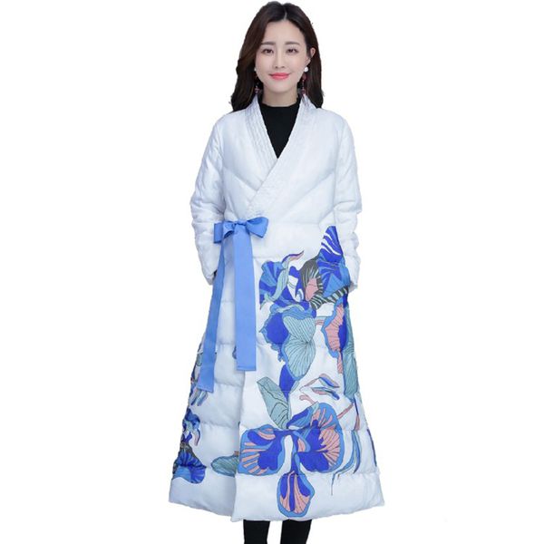 

women's down & parkas rlyaeiz women winter coats chinese style fashion floral printed jackets parka thick warm long overcoat 50id, Black