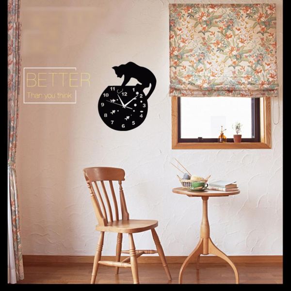 

1pc creative silent wall clock acrylic hanging blackcat sticker for cafe home el without battery clocks