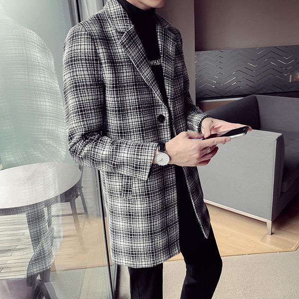 

men's trench coats 2021 vintage mens british style long winter plaid wool classic casual tweed jackets, Tan;black