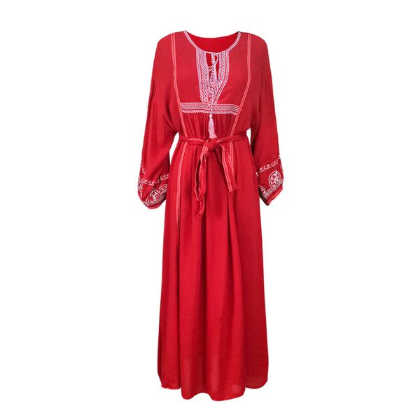 

red bohemian boho geometric embroidery long sleeve lace up tassel maxi split dress loose casual d1182 210514, Black;gray