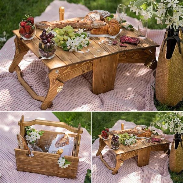 

camp furniture 2 in 1 wooden outdoor folding picnic-table storage basket holder wine table easy carry camping beaches