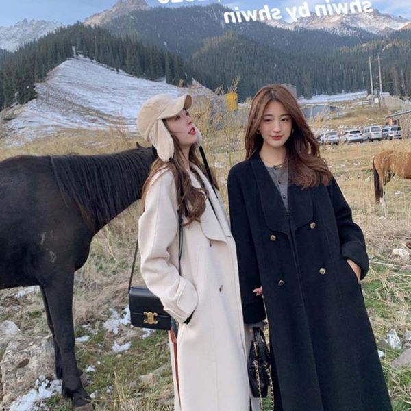 

women's wool & blends wind cloth coat female winter double-breasted department take charge in the waist long red loose thickening, Black