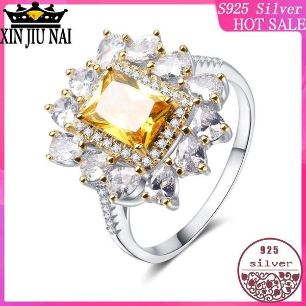 

cluster rings 100% s925 sterling silver classic elegant luxury princess lady natural yellow zircon crystal gem women's full diamond rin, Golden;silver