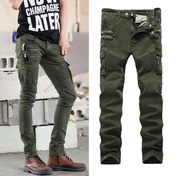 

men's male american style pleated feet casual pants stretch high street multi-pocket zipper locomotive slim overalls 1677 jeans, Blue