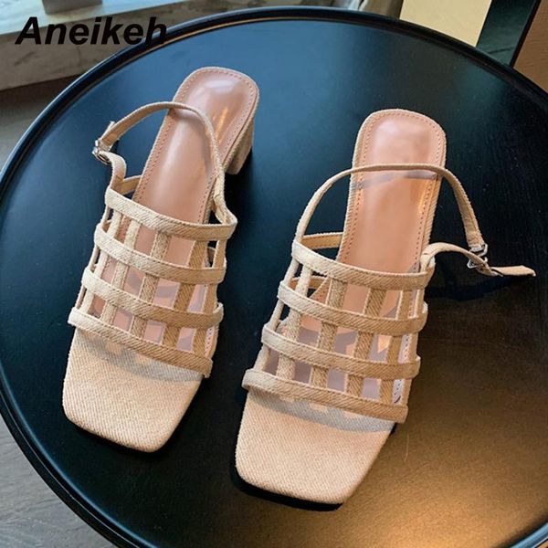 

sandals aneikeh 2021summer concise checkered peep toe sandalias de las mujeres buckle strap square heels slingback shallow classics, Black